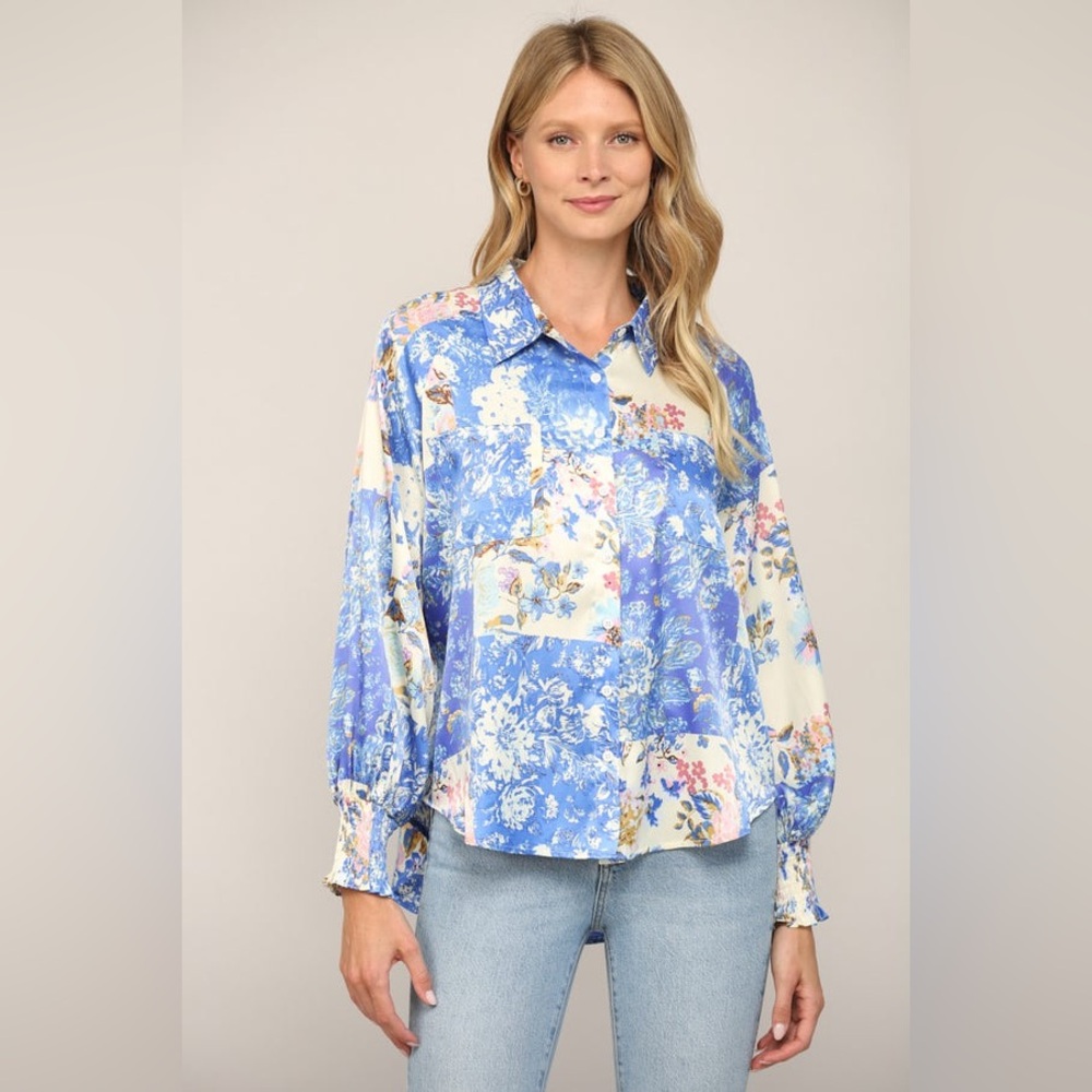 NWT Patchwork Print Button Down Shirt in Blue Multi